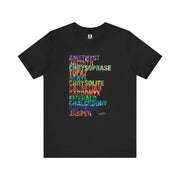 Black t-shirt with colorful gemstone names on a white background