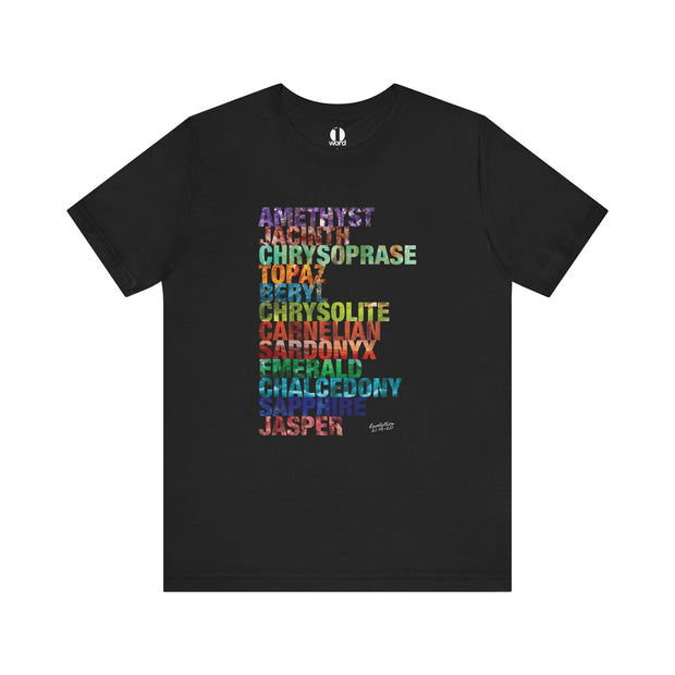 Black t-shirt with colorful gemstone names on a white background