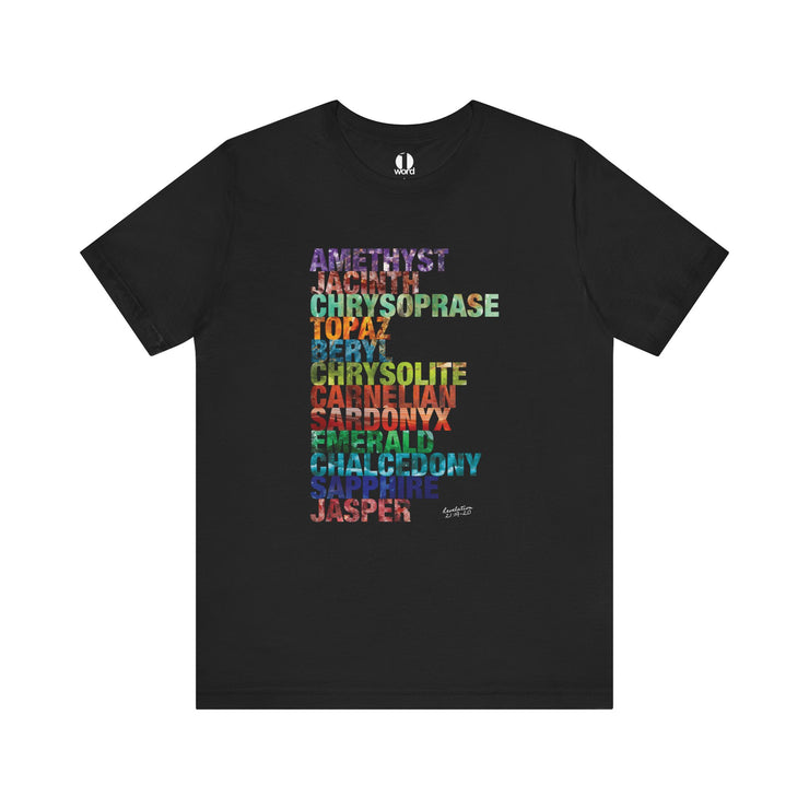 Black t-shirt with colorful gemstone names on a white background