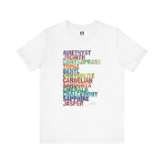 White t-shirt with colorful gemstone names on a white background
