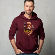 Maroon hoodie on man with a lion graphic and 'ASLAN is on the Move' text