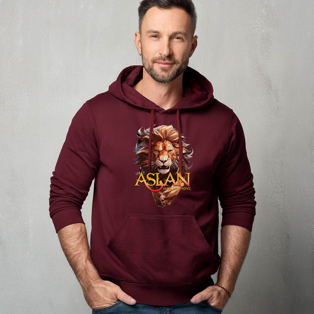 Maroon hoodie on man with a lion graphic and 'ASLAN is on the Move' text