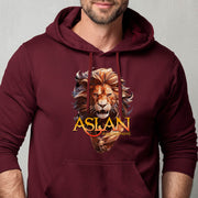 Maroon hoodie on man with a lion graphic and 'ASLAN is on the Move' text
