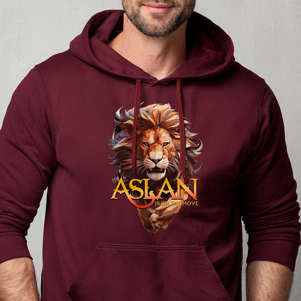 Maroon hoodie on man with a lion graphic and 'ASLAN is on the Move' text