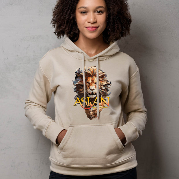 Sand hoodie on woman with a lion graphic and 'ASLAN is on the Move' text