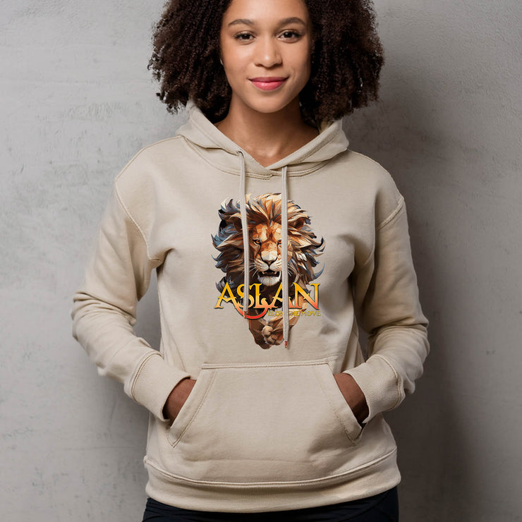Sand hoodie on woman with a lion graphic and 'ASLAN is on the Move' text