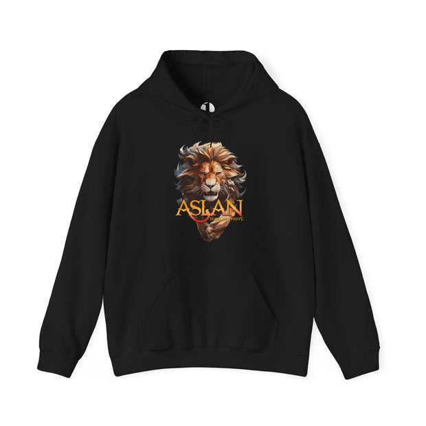 Black hoodie with a lion graphic and 'ASLAN is on the Move' text