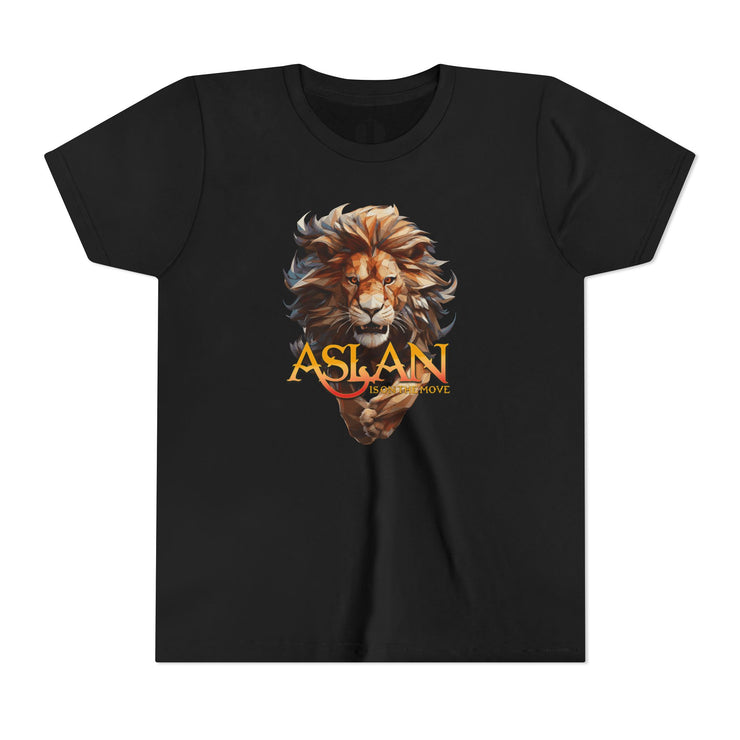 Black youth T-shirt with Narnia-inspired graphic saying Aslan Is On The Move