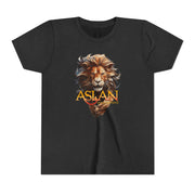 Dark gray heather youth T-shirt with Narnia-inspired graphic saying Aslan Is On The Move