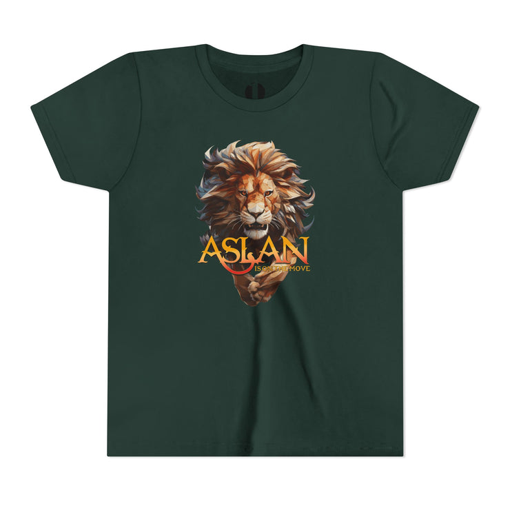Forest green youth T-shirt with Narnia-inspired graphic saying Aslan Is On The Move