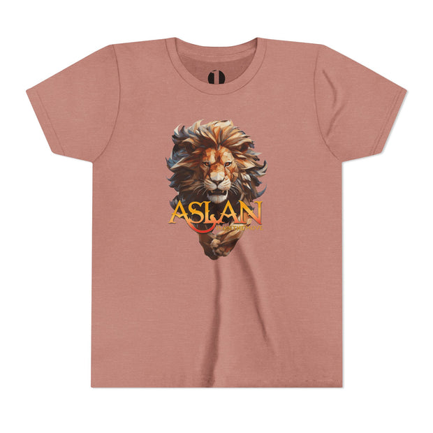 Heather mauve youth t-shirt with Narnia-inspired graphic saying Aslan Is On The Move