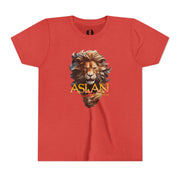 Heather red youth T-shirt with Narnia-inspired graphic saying Aslan Is On The Move
