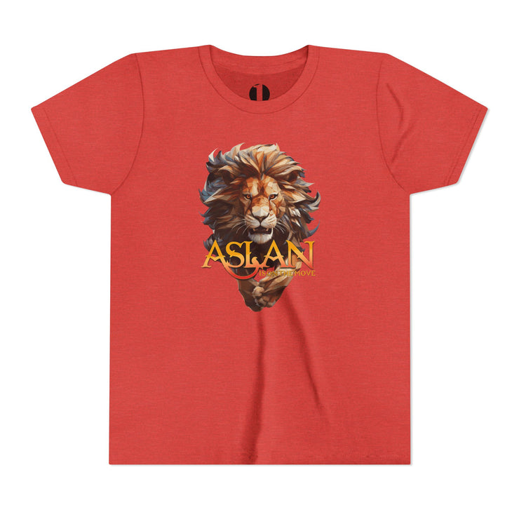 Heather red youth T-shirt with Narnia-inspired graphic saying Aslan Is On The Move