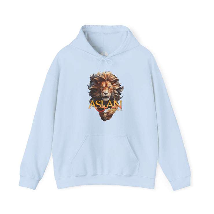Light blue hoodie with a lion graphic and 'ASLAN is on the Move' text