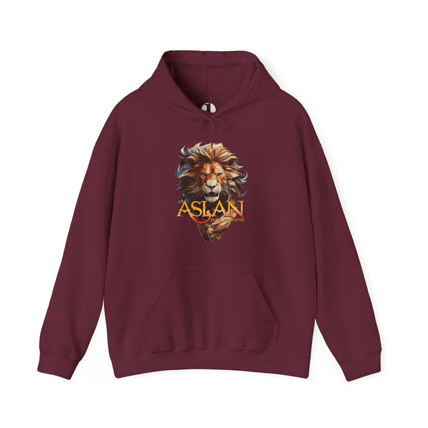 Maroon hoodie with a lion graphic and 'ASLAN is on the Move' text