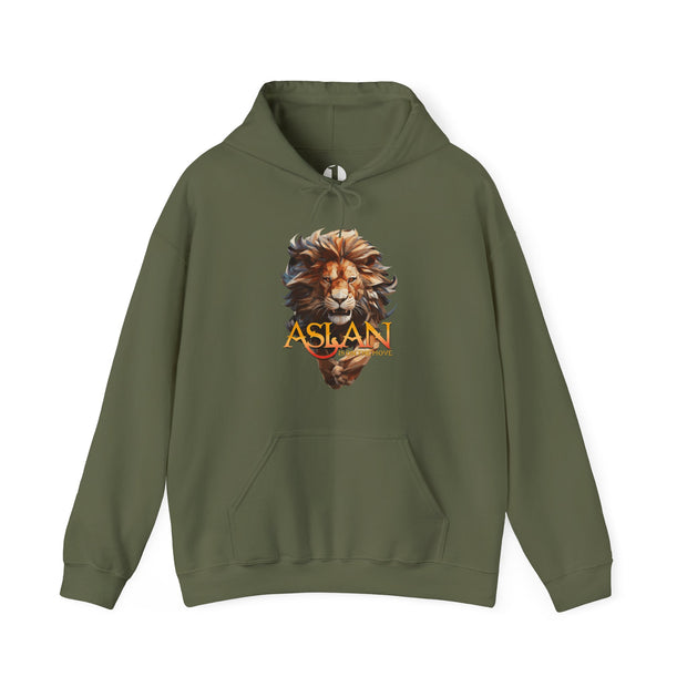 Military green hoodie with a lion graphic and 'ASLAN is on the Move' text