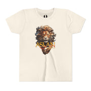 Natural youth t-shirt with Narnia-inspired graphic saying Aslan Is On The Move