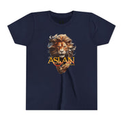 Navy youth T-shirt with Narnia-inspired graphic saying Aslan Is On The Move