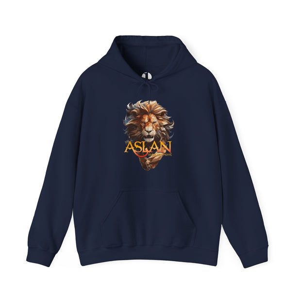 Navy blue hoodie with a lion graphic and 'ASLAN is on the Move' text