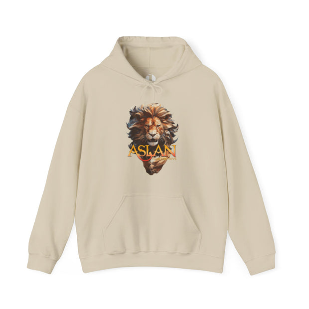 Sand hoodie with a lion graphic and 'ASLAN is on the Move' text