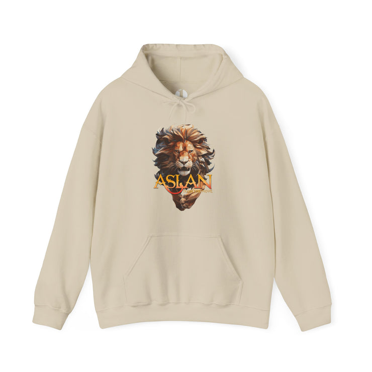 Sand hoodie with a lion graphic and 'ASLAN is on the Move' text
