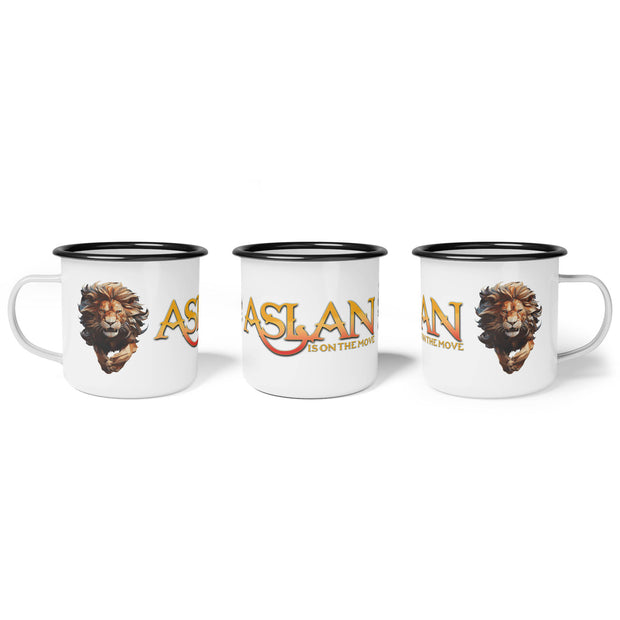 Aslan Is On The Move white enamel campsite mug