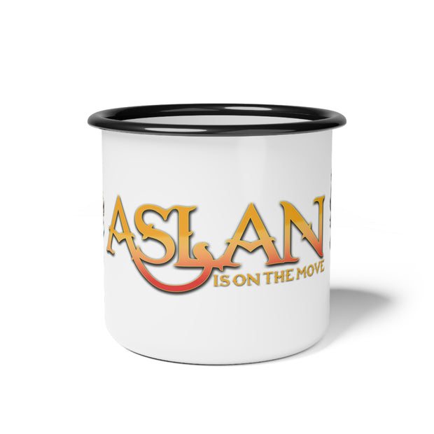 Aslan Is On The Move white enamel campsite mug