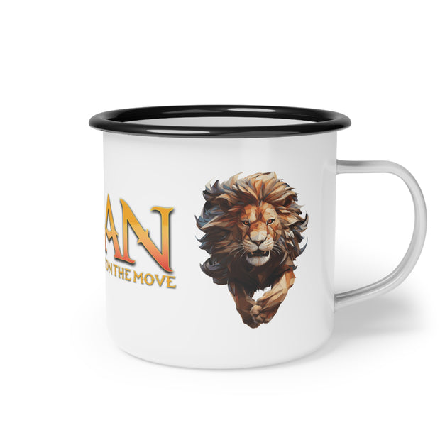 Aslan Is On The Move white enamel campsite mug