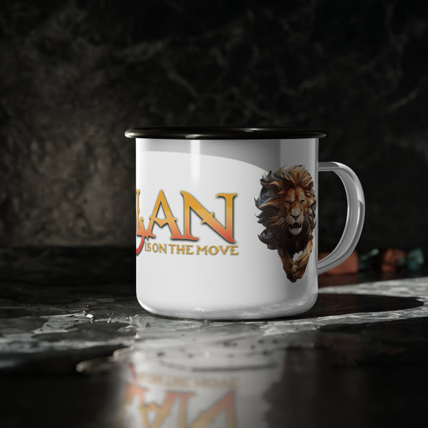 Aslan Is On The Move white enamel campsite mug