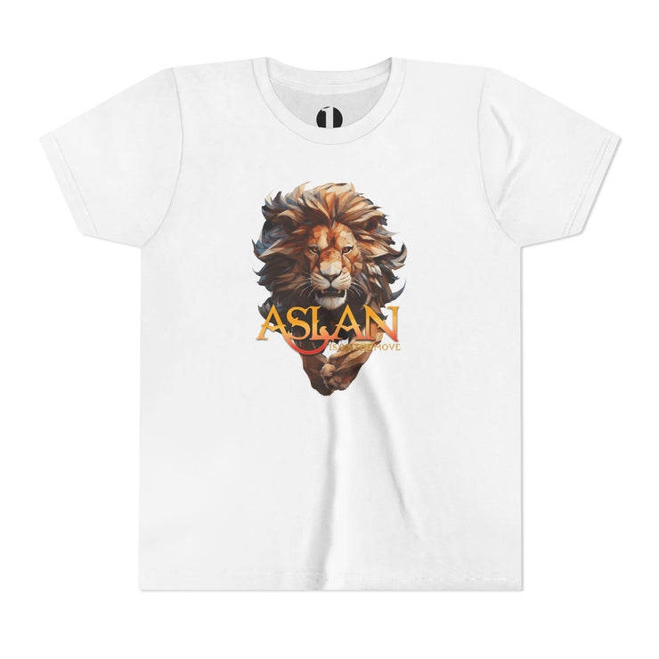White youth t-shirt with Narnia-inspired graphic saying Aslan Is On The Move