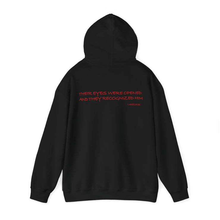 Black pullover hoodie with Awakened/Woke graphic based on Luke 24:31