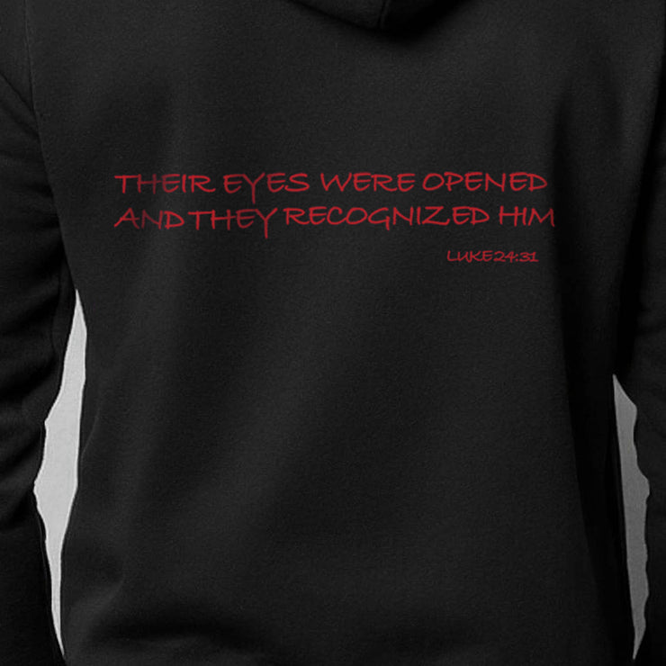Black pullover hoodie with Awakened/Woke graphic based on Luke 24:31
