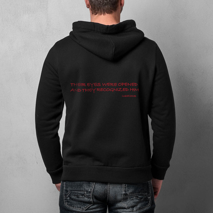 Black pullover hoodie with Awakened/Woke graphic based on Luke 24:31