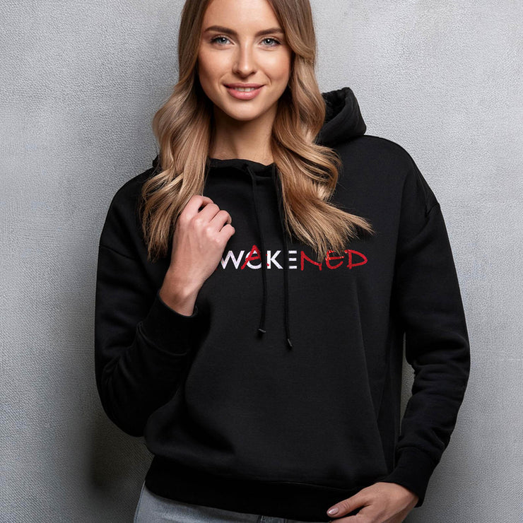 Black pullover hoodie with Awakened/Woke graphic based on Luke 24:31