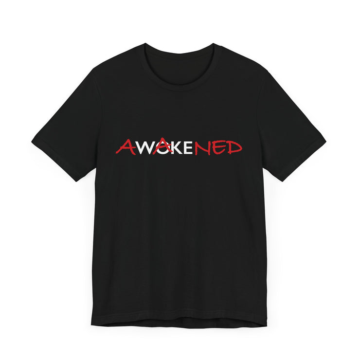 Black unisex T-shirt with Awakened/Woke graphic based on Luke 24:3