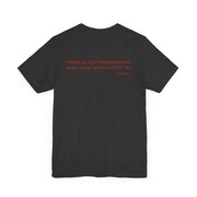 Dark gray heather unisex T-shirt with Awakened/Woke graphic based on Luke 24:3
