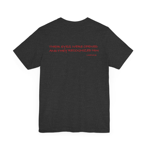 Dark gray heather unisex T-shirt with Awakened/Woke graphic based on Luke 24:3