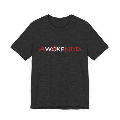 Dark gray heather unisex T-shirt with Awakened/Woke graphic based on Luke 24:3