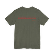 Heather military green unisex T-shirt with Awakened/Woke graphic based on Luke 24:3