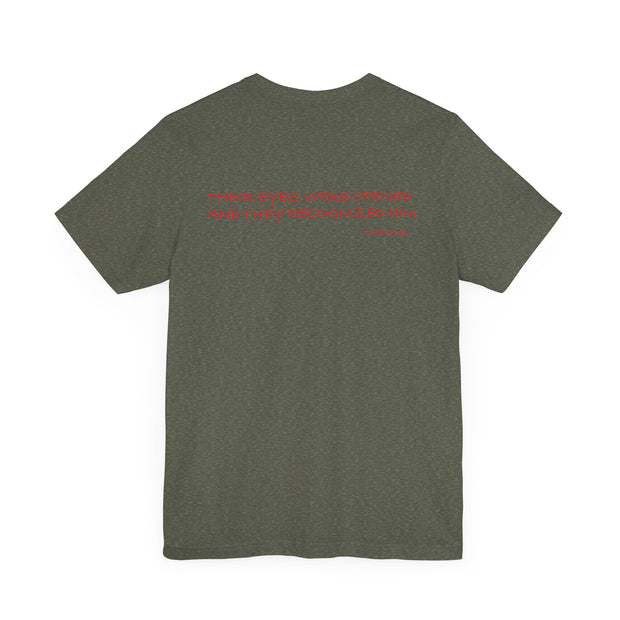 Heather military green unisex T-shirt with Awakened/Woke graphic based on Luke 24:3