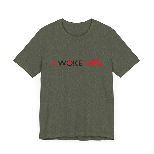 Heather military green unisex T-shirt with Awakened/Woke graphic based on Luke 24:3