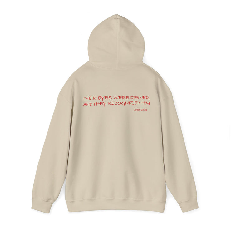 Sand pullover hoodie with Awakened/Woke graphic based on Luke 24:31