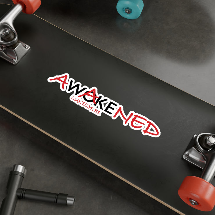 Vinyl decal on skateboard with Awakened/Woke graphic based on Luke 24:3