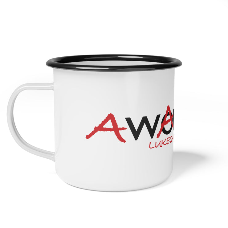 White campsite mug with Awakened/Woke graphic based on Luke 24:3