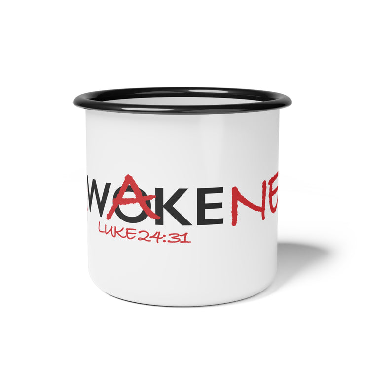White campsite mug with Awakened/Woke graphic based on Luke 24:3