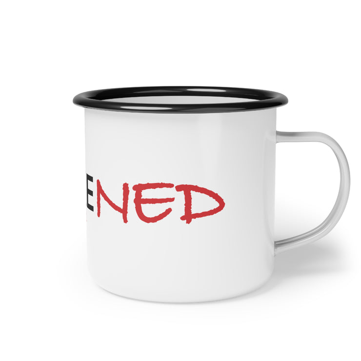 White campsite mug with Awakened/Woke graphic based on Luke 24:3