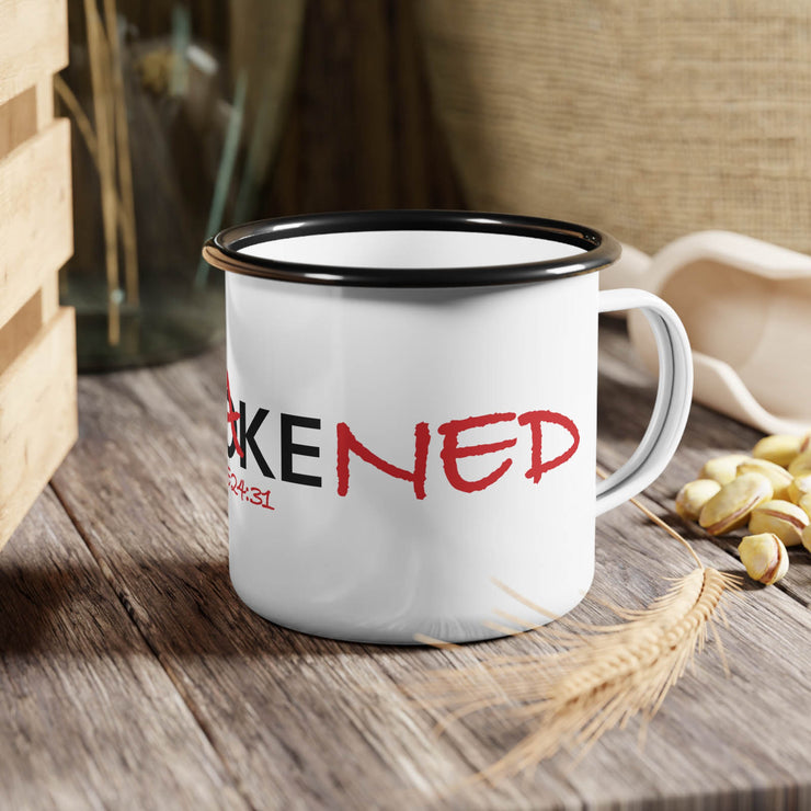 White campsite mug with Awakened/Woke graphic based on Luke 24:3