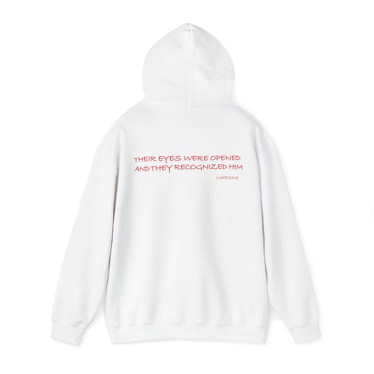 White pullover hoodie with Awakened/Woke graphic based on Luke 24:31