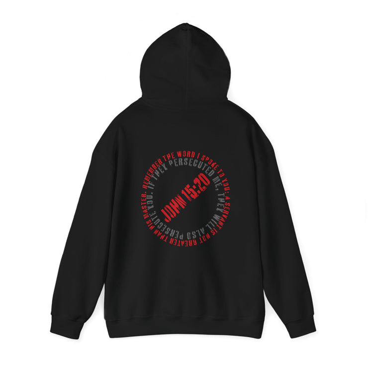Black pullover hoodie with Canceled graphic based on John 15:20
