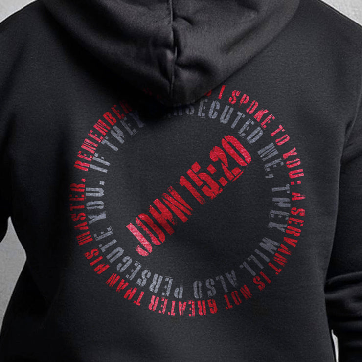 Black pullover hoodie with Canceled graphic based on John 15:20